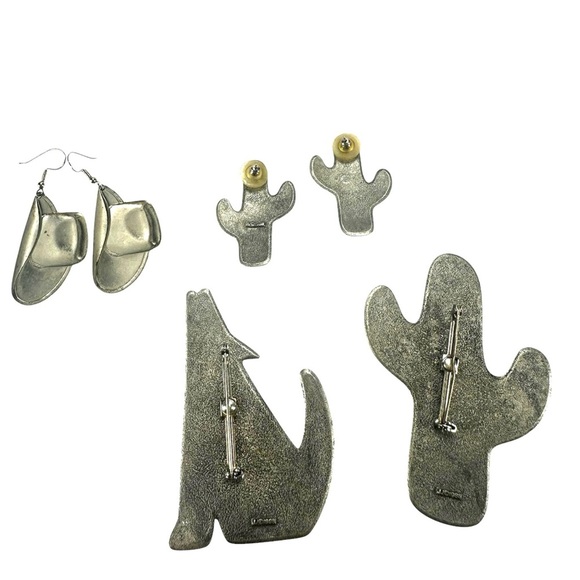 VTG  JJ 1988 SOUTHWESTERN CACTUS COYOTE HAT STAMPED PWETER BROOCH EARRINGS LOT - Picture 5 of 8